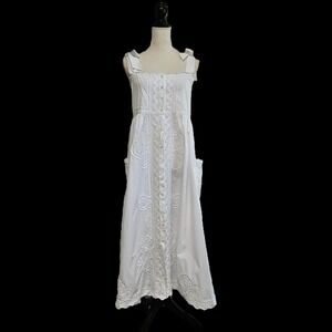 Juliet Dunn London White Tie Strap Button Front Embroidered Ric Rac Dress Size S